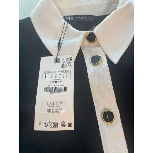 ZARA Black White Ruched Long Sleeve Dress – Gold Buttons – Size L – NWT - Picture 9 of 10